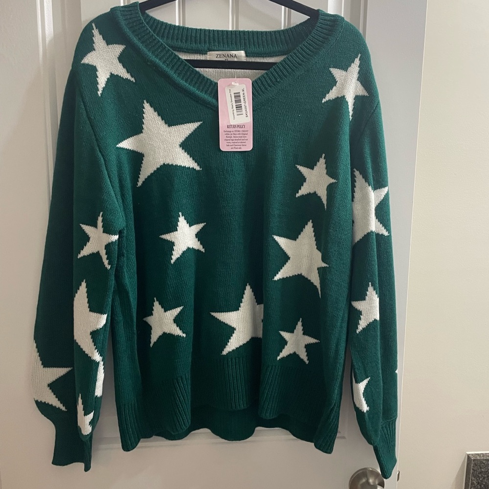 NWT Zenana Green & White Star Sweater XL
